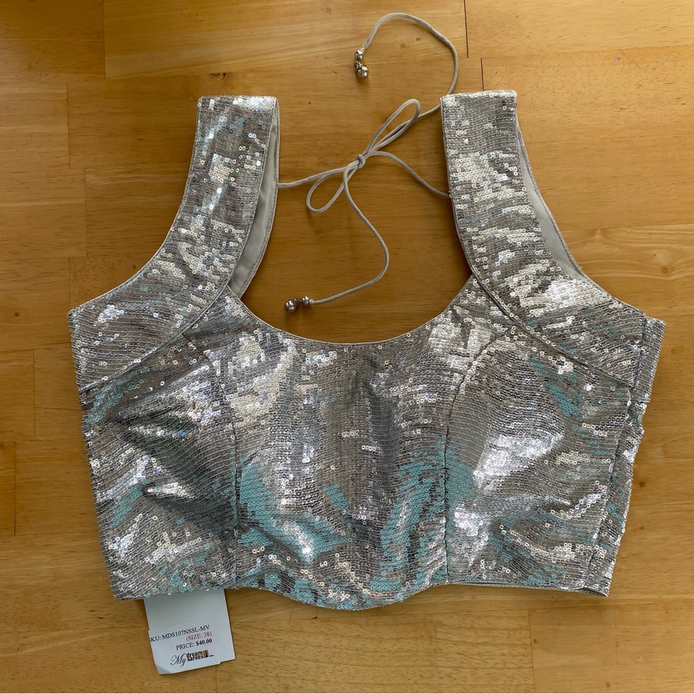 New Silver Saree Blouse Choli Medium 38 Sequined Sleeveless Top Indian Bollywood